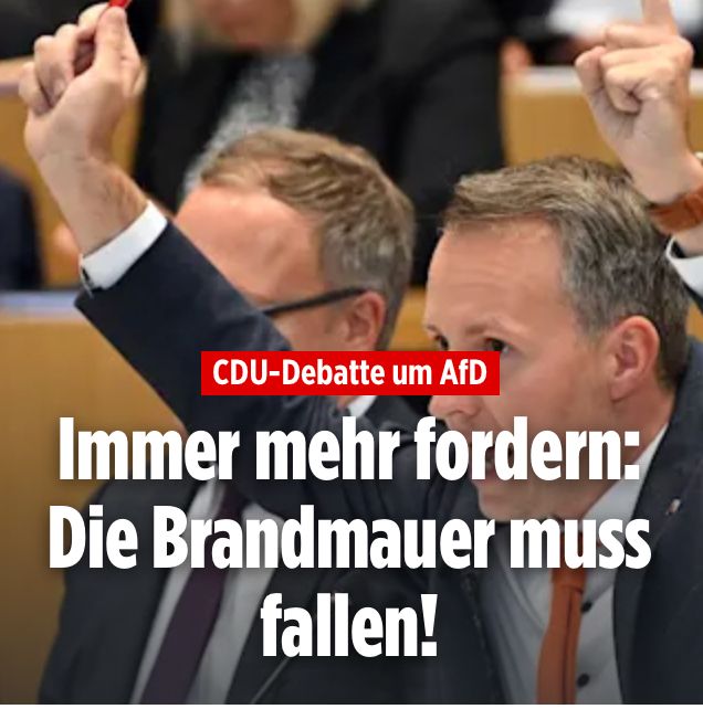 Foto eines sitzenden Abgeordneten im Anzug mutmaßlich  in einem Parlament, der etwas ruft und beide Arme hochgereckt hat. Darüber steht: 
"CDU-Debatte um AfD
Immer mehr fordern:
Die Brandmauer muss fallen!"