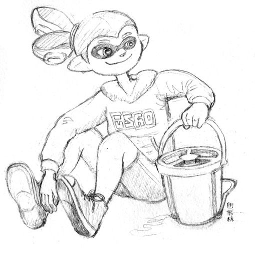 Pencil drawing of an inkling boy regarding a trislosher