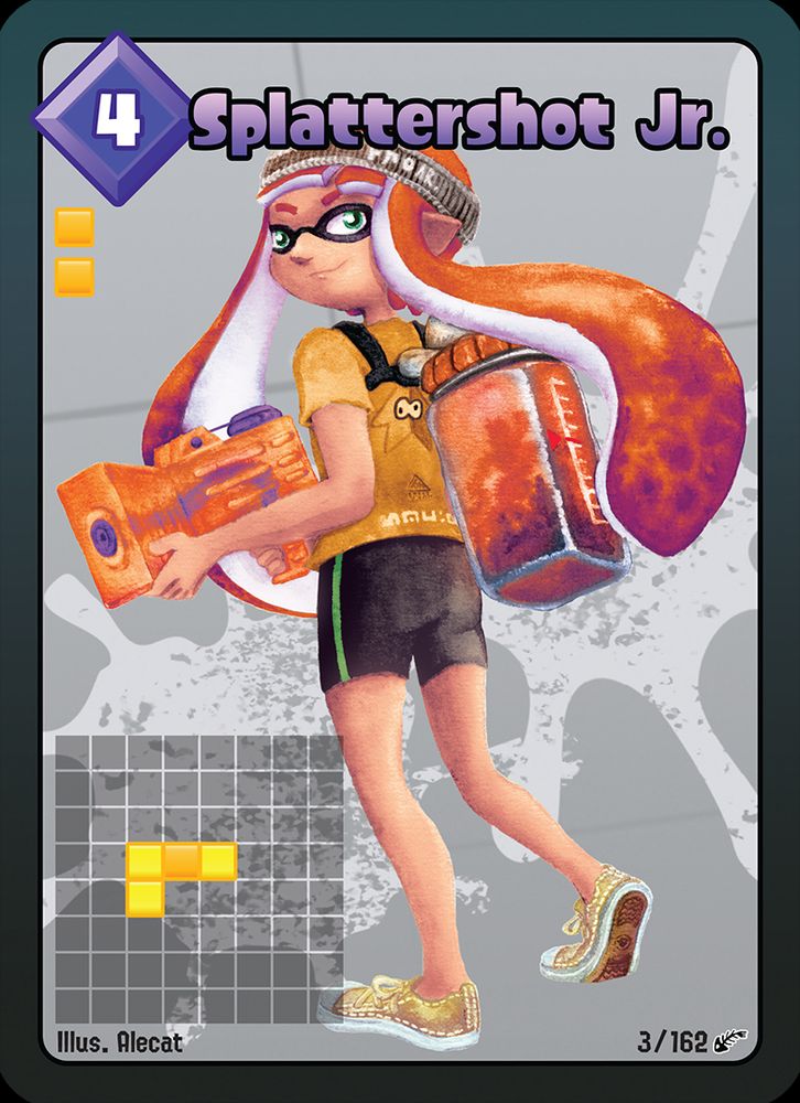 Mock tableturf card for the Splattershot Jr. The Inkling character is posed like the ad from Splatoon 2 that advertised the enlarged ink tanks for the Jr. family of weapons.