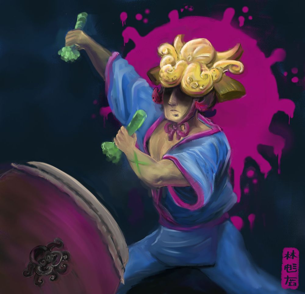 Digital painting of an octoling drumming on a taiko drum. He's brandishing a pair of wasabi, and has a glowing green X scar on his arm. he's wearing a golden octopus headdress. The imagery suggests this is DJ Octavio.