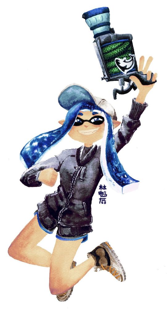 Illustration of an Inkling character from Splatoon. She has blue ink and eyes and the banger hairstyle. She brandishes a L-3 Nozzlenose D while jumping in the air and making a peace-sign.

She's wearing a cap of unclear design, Dark Bomber Jacket, shorts and the Amber Sea Slug Hi-Tops