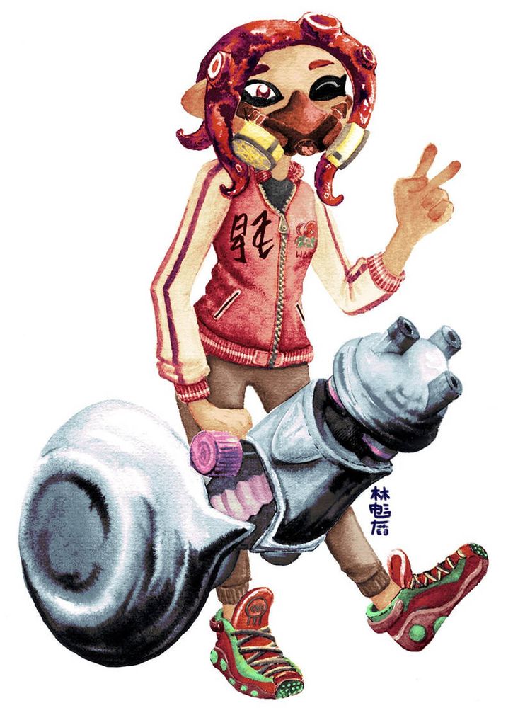 Illustration of an Octoling character from Splatoon. She has red ink and eyes. While winking, she holds a Nautilus 47 with one hand and makes a peace sign with the other. Her hair is in the Tentacurl hairstyle.

She's wearing a Painter's Mask, Deep-Octo Satin Jacket, long leggings and the Red Power Stripes.
