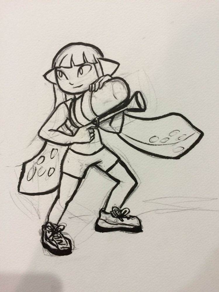Ink drawing of the Splatoon girl mascot from Splatoon (everything in this thread is "from Splatoon").

She's holding a splattershot gun. It's quite scribbly, on account of being drawn while waiting in line at the PAX demo!