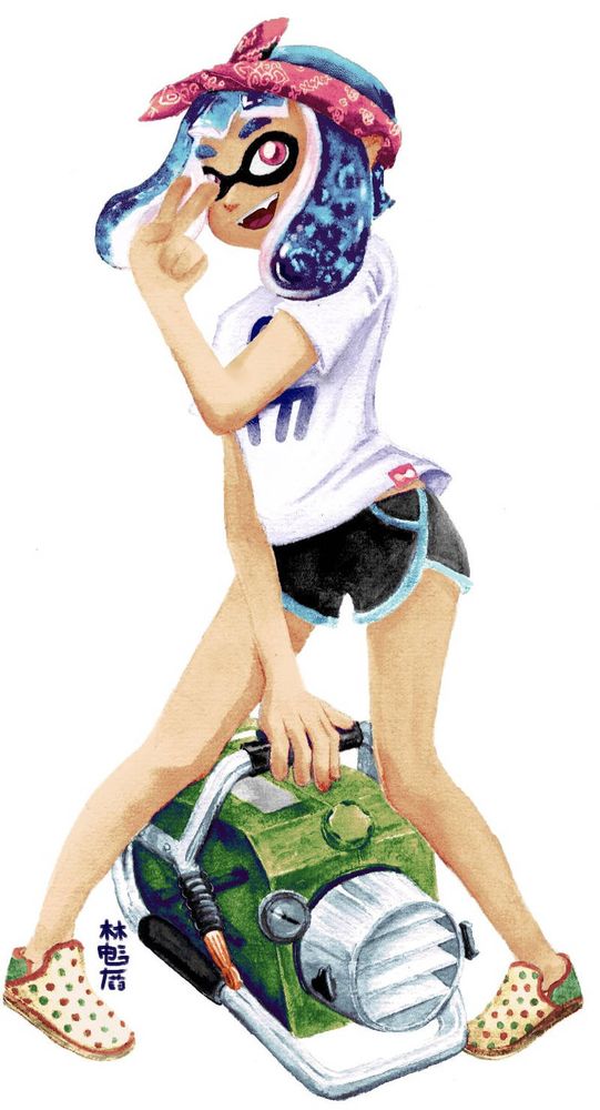 Illustration of an inkling character from Splatoon. She has blue ink and pink eyes and is holding an explosher while making a peace sign symbol. Her "hair" is short.

She is wearing the Fishfry Biscuit Bandana, Tentatek Slogan Tee, sport shorts and the Polka-dot Slip-ons.