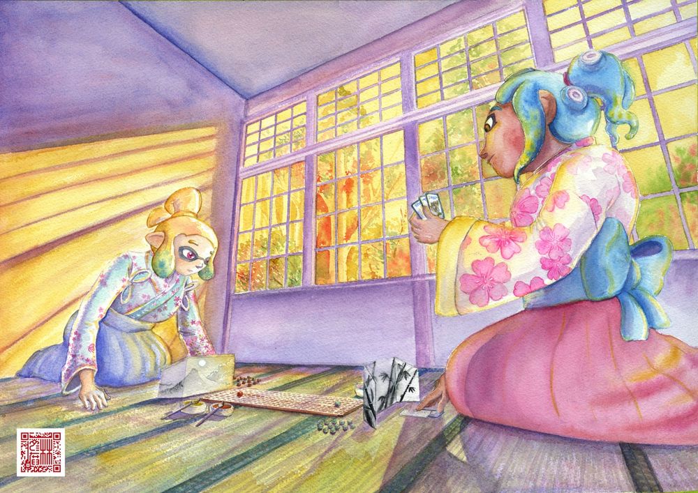 Watercolour painting of a pair of Inkling and Octoling characters from Splatoon playing a board game. They are each dressed in kimono. The characters are playing on the tatami floor by a window, and yellow light streams into the room.
