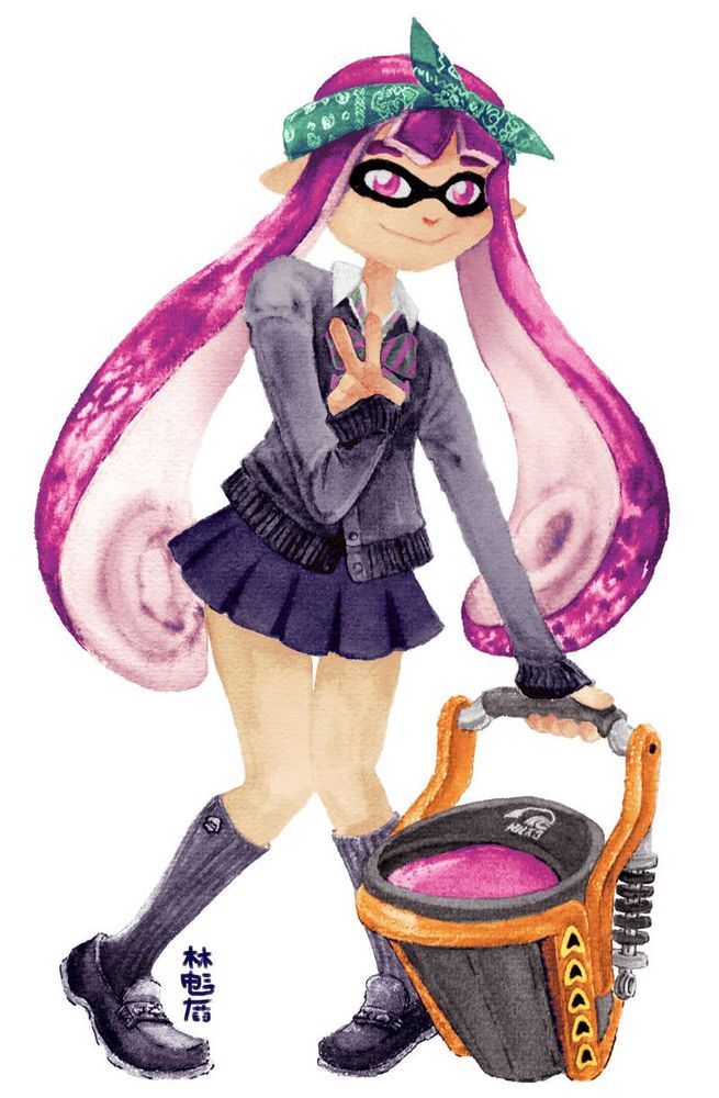 Illustration of an inkling character from Splatoon. She has magenta ink and eyes and is holding a Slosher Deco with one hand while making a peace sign with another. Her hair is long, in the "hippie" hairstyle.

She is wearing the Fishfry Biscuit Bandana, School Cardigan with a pleated skirt and the School Shoes.