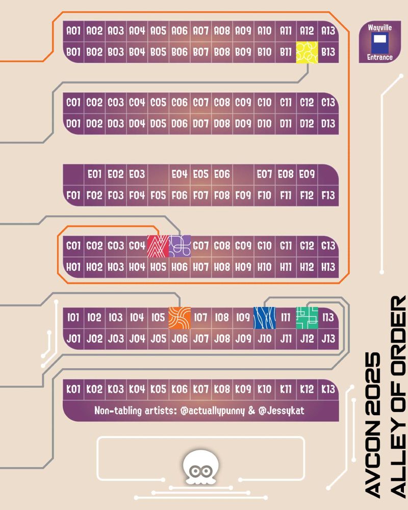 AVCon 2025 Alley of Order

Map of AVCon's Artist Alley, styled to look like the Side Order floor transition screen. The entrance to the hall states "Wayville Entrance" and resembles the vending machine floor icon.

Six tables are highlighted with colour chips:
B12 - Salaryman Jamm
G05 - Chenonetta Creations
G06 - Rosethelise
I06 - Voxollous
I10 - Kaeojay
I12 - leaflens