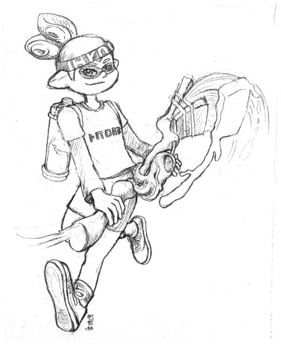 Pencil drawing of an inkling boy brandishing an octobrush