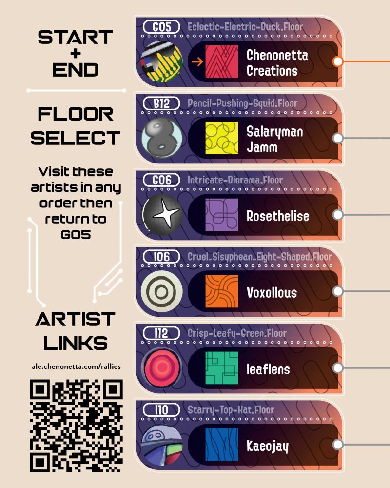 A list of all tabling artists in the stamp rally. (See alt of first image for bsky tags)

It shows table G05 as the starting table. Each artist is framed in a box that resembles the level selection UI in Side Order