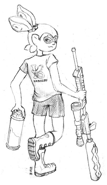 Pencil drawing of an inkling boy holding a kelp splatterscope