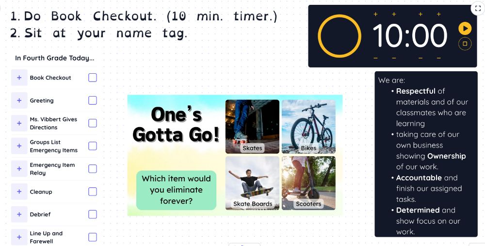 Classroom Screen organizer with first steps of the lesson in bold, a ten minute timer, class expectations, a class checklist, and an image of One's Gotta Go with bikes, scooters, skate boards and skates. 
