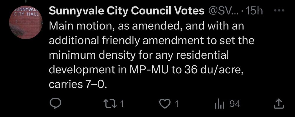 Sunnyvale city council votes account tweet: “main motion, as amended, and with an additional friendly amendment to set the minimum density for any residential development in MP-MU to 36 du/acre, carries 7-0”
