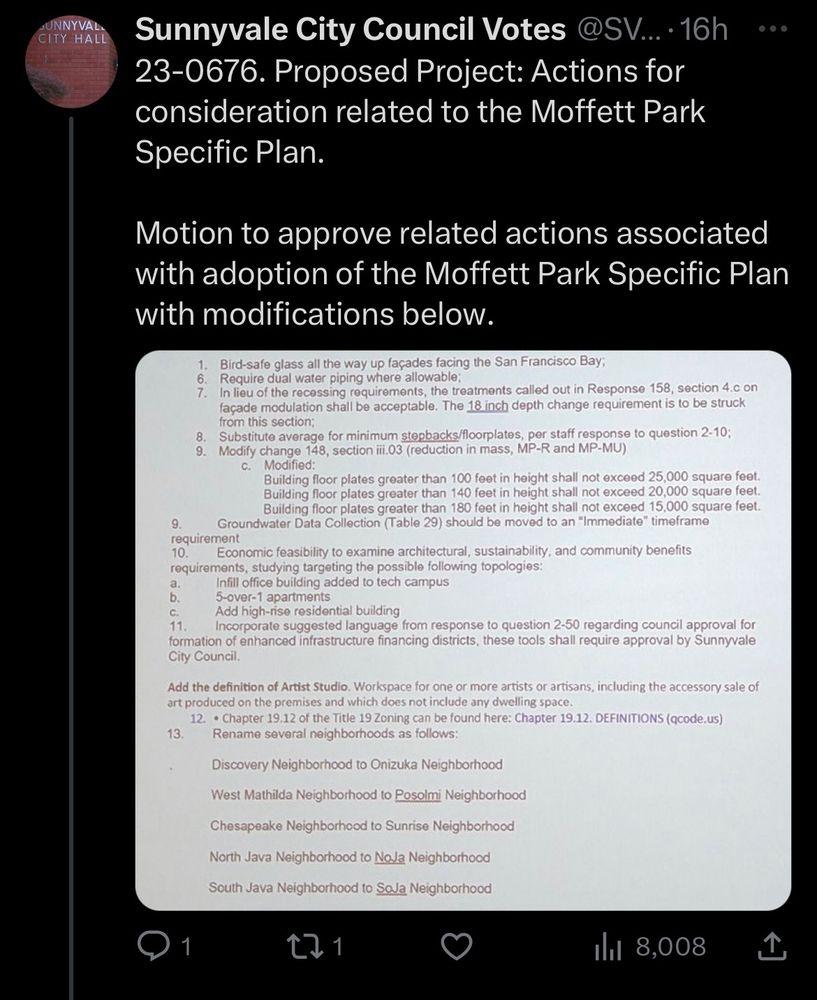 A screen grab of the Sunnyvale city council votes tweet detailing the moffett park specific plan motion and the plethora of amendments 