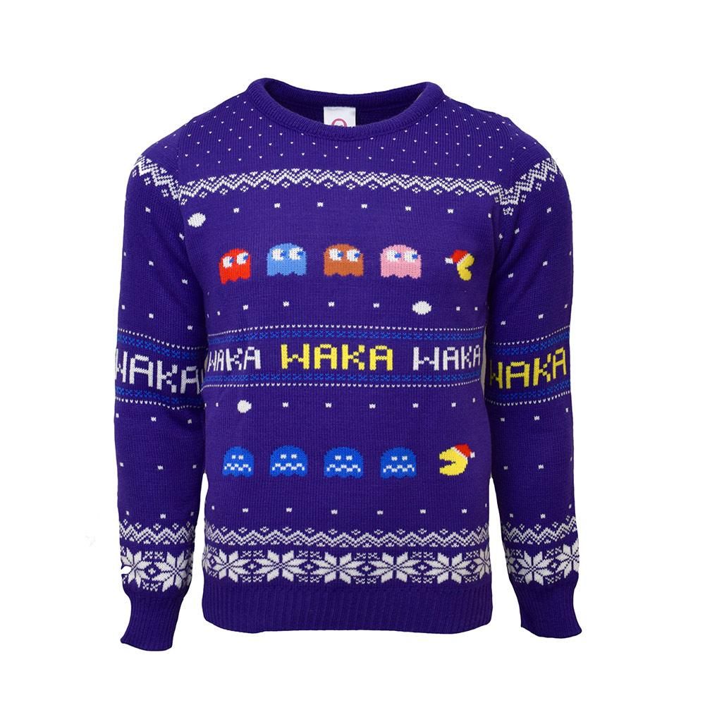 A Pac-Man Christmas sweater.  It is purple with Pac-Man and ghost on it.  Pac-Man has a Santa hat, and 'Waka, Waka, Waka' is across the chest and sleeves.