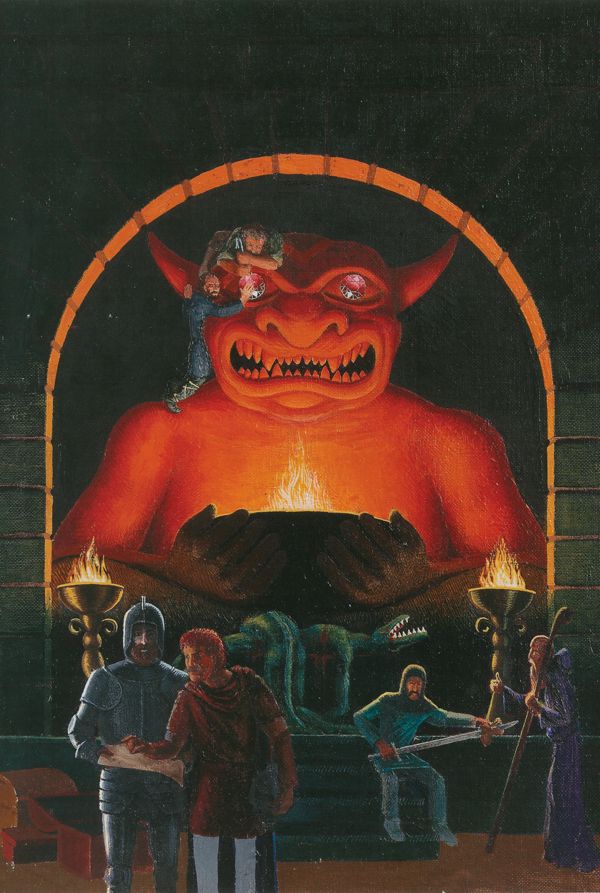 A picture of the cover art of the original AD&D Player's Handbook for the Advanced Dungeons & Dragons role playing game.  In the picture, a group of adventurers is mopping up after dispatching some lizard men.  Two men in the foreground are looking at a map, one is cleaning his sword, and a wizard stands profile at the far right.

In the background of the picture there stands a statue of a fire demon holding a flaming brazer.  There are two thieves at the top of the statue, trying to pry away one of the demon's jeweled eyes.  Nothing could go wrong there. 