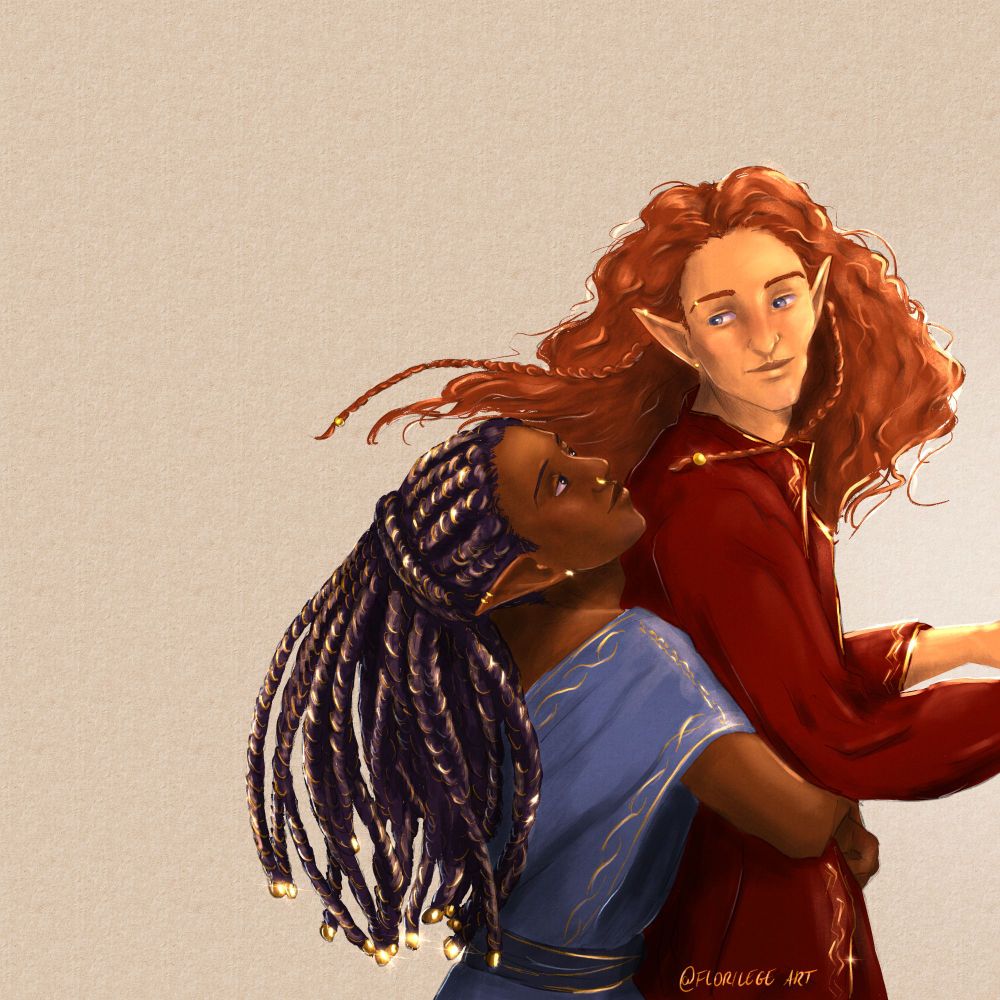 Digital painting of Maedhros and Fingon. Fingon, a dark-skinned elf wearing a blue tunic and long cornrow braids with golden ribbons and beads, is grabbing Maedhros by the waist from behind and smiling up at him. Maedhros, a taller ligh-skinned elf with long, slightly curly loose red hair and wearing a dark red shirt, is looking back and smiling.