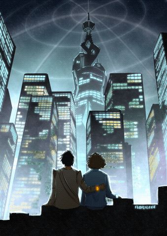 Gif of an image glitching into another one. The first is a digital painting of two characters from the back looking up at a light city at night. In front of them is an ominous-looking tower that supports a light-dome over the city. One of the character, Butus, has his arm slung over the back of the other one, Icarus, showing they're close friends. In the second picture Icarus is wearing lit mechanical wings and Brutus is placing an explosive in them. The dome is gone.