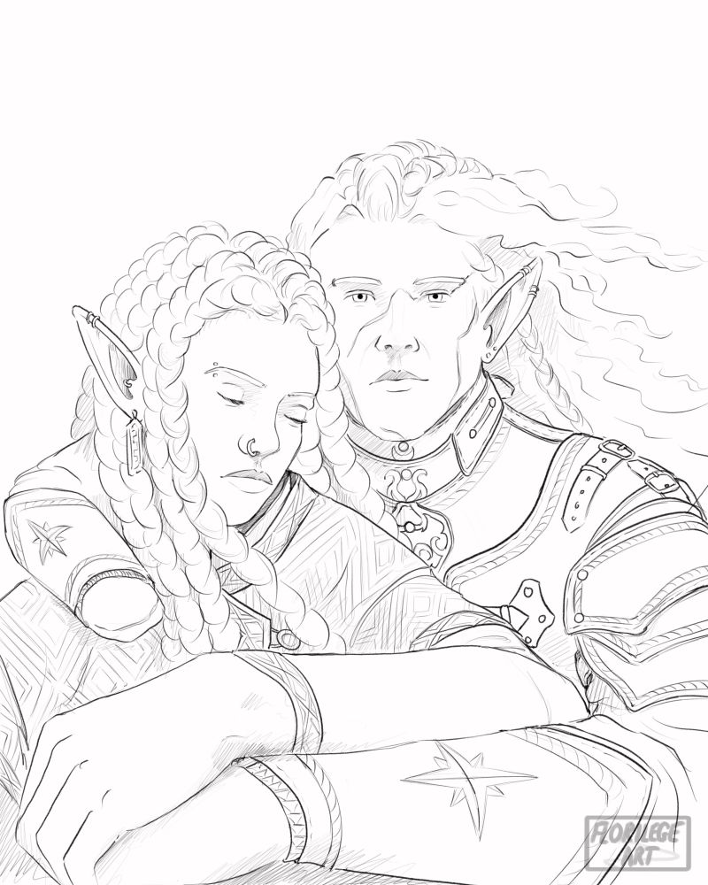Digital lineart portrait of Maedhros and Fingon. Maedhros has long curly hair flying in the wind, he wears leather armour and he is missing his right hand. His right arm is around Fingon's shoulders. Fingon has long thick braids and he has his eyes closes. Their left hands are joined in the foreground.
