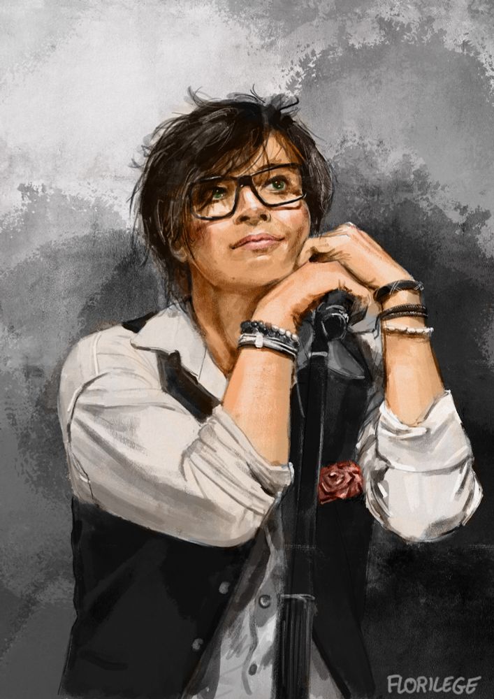Digital painting of a white man with dark hair, wearing glasses, a white shirt and a black vest. He's leaning against a microphone stand and smiling.