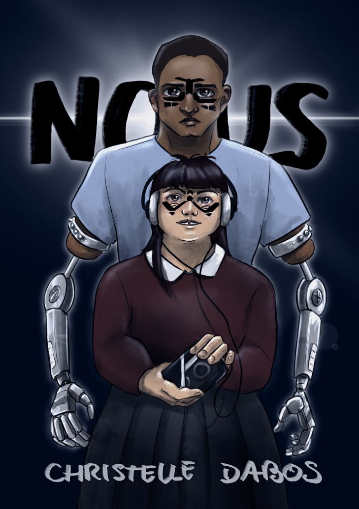 Digital painting in the form of (unofficial) cover art for the book Nous by Christelle Dabos. It's a desaturated illustration of a dark-haired fat white woman holding a walkman, and behind her a tall, muscular black man with prosthetic arms. They both have a tattoo-like mark on their faces