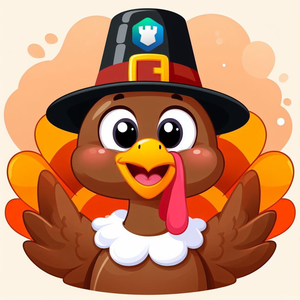 A cute, smiling cartoon turkey wearing a pilgrim's hat