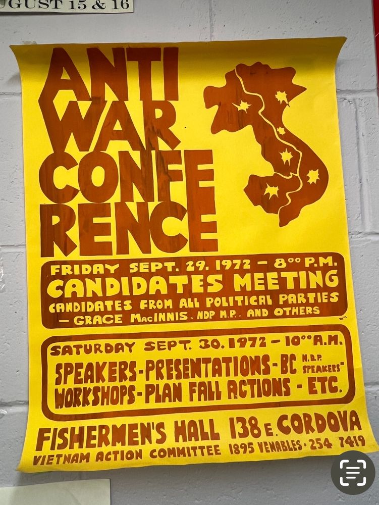 Vintage poster with “Anti-war conference” 1973 all political parties candidates meeting. 