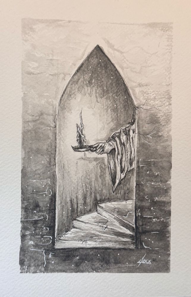 Hand holding a candle coming out of a dark staircase