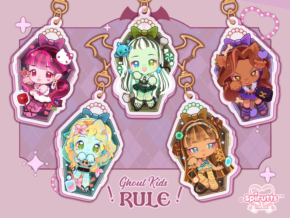 Digital preview of monster high keychains! Chibis of Draculaura, Frankie, Clawdeen, Lagoona, Cleo Denile