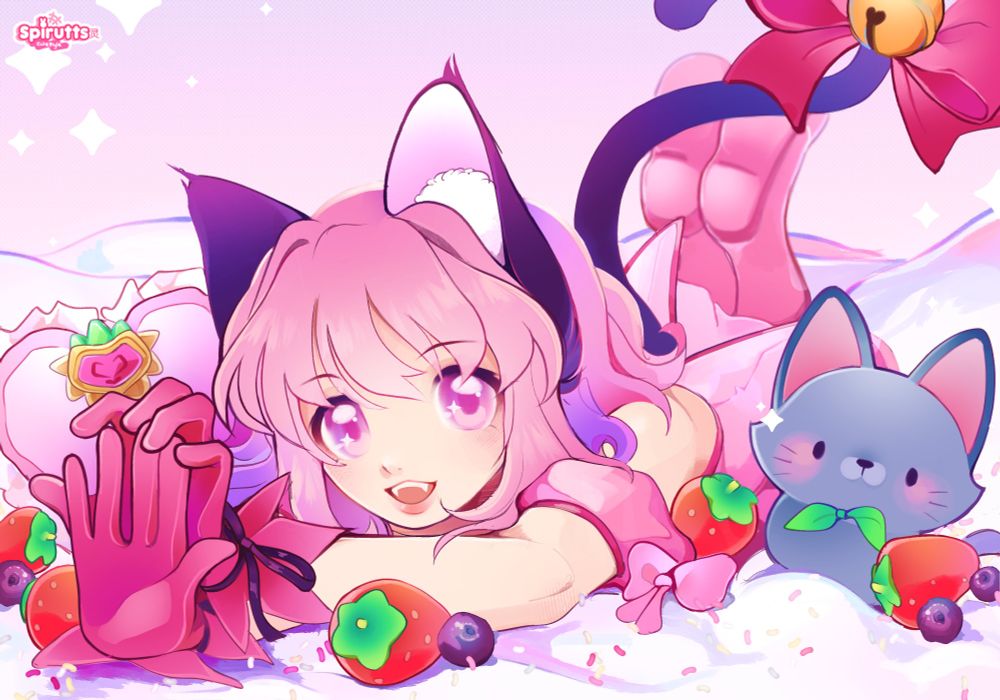 A drawing of Ichigo / Zoey from the magical girl anime Tokyo Mew Mew / Mew Mew Power. Shes doing a little stretch on bedsheets made of cream and strawberries. Drawn a few years ago so it's a little wack (・–・;)ゞ