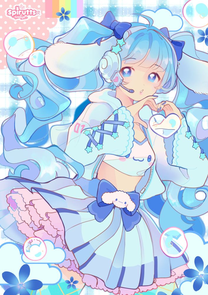 Miku in an originally designed outfit based on the character Cinnamoroll. Making a heart shape with her hands surrounded by bubbles and flowers.