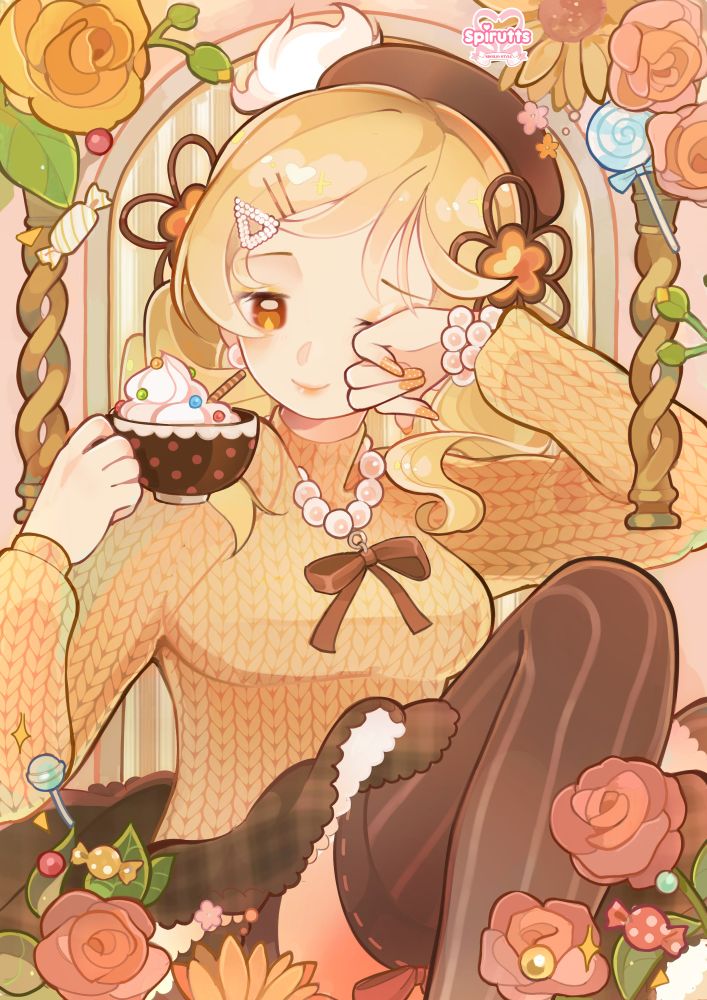 Portrait illustration of Mami Tomoe from Madoka Magica sitting amongst flowers and sweets in a cozy sweater.