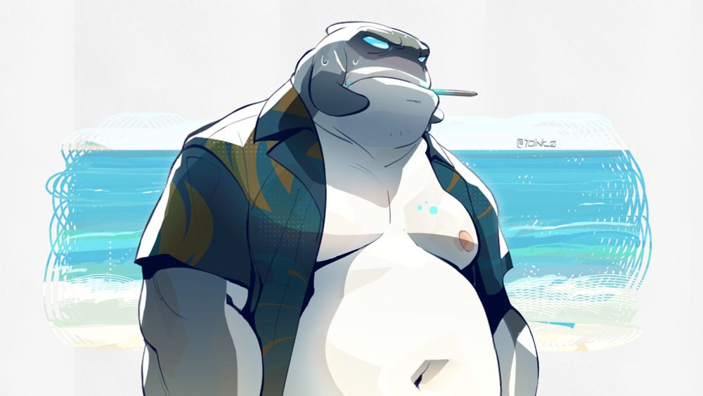 Drawing of Gantu standing on the beach shore. He wears a short sleeve camp collar shirt that doesn't fit him very well. He has a popsicle stick in his mouth. Doesn't seem to be expressing any specific emotion but does appear uncomfy.