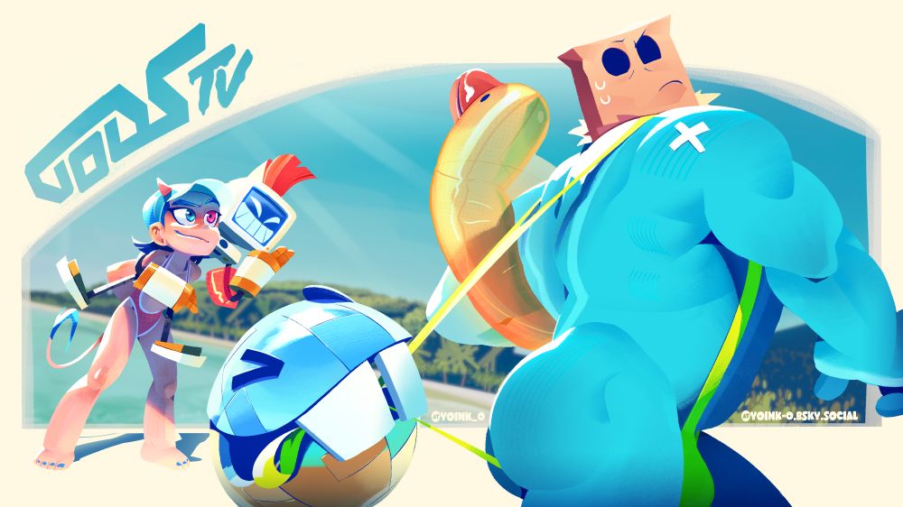 Painting of Kinnie, Leeta, Victus from Melbot Studio's GodsTV (Gods TV). At the beach, one of those little disco ball enemy guys from the game bites onto Kinnie's banana hammock swimsuit & pulls back. Leeta is giving Victus a piggyback ride in the background; both look on, amused.