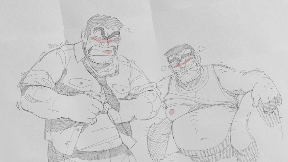 Two sketches of Ryotsu. Left sketch is a depiction of him struggling to button up his uniform (as seen in the first coloured drawing). Right sketch is him sitting on the ground, mostly naked, wearing a tank top that bunches up above the right side of his chest.
