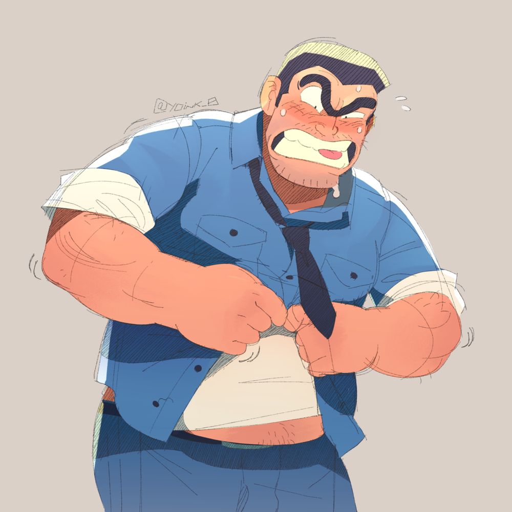 Drawing of Ryotsu from Kochikame struggling to button up his uniform.