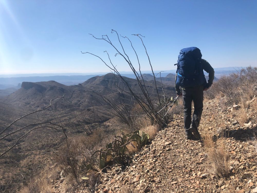 Hiker on a trail in Big Bend National Park. It’s a high desert landscape with the Chisos Mountains in the distance ahead of the hiker. A tall Ocatillo plant grows just beside the trail.