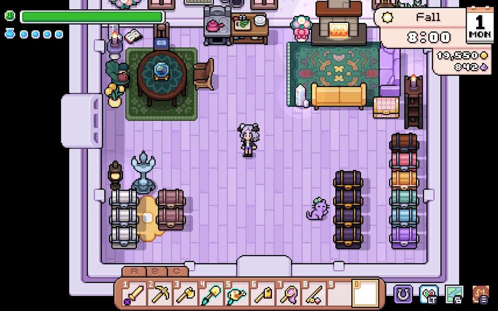 Screenshot of my farmer in her house, her cat has a flower crown and is liking its paw