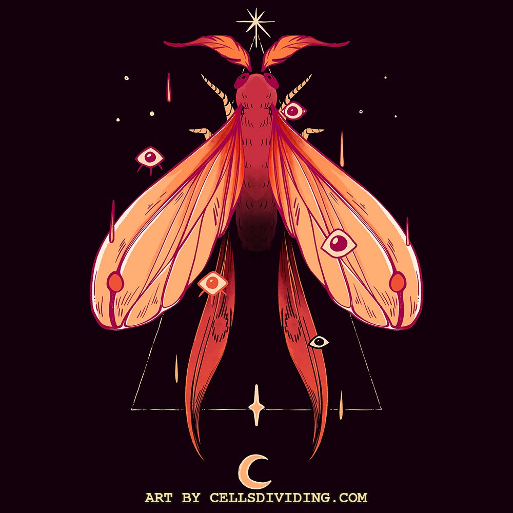 Otherworldly moth with fiery orange wings adorned with floating eyes positioned in a geometric occult-inspired design with a crescent moon and celestial symbols dark fantasy esoteric digital illustration