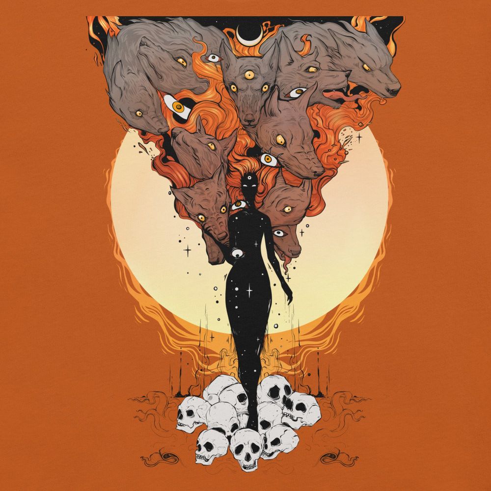 drawing of mother nature with wolves and orange fire colors