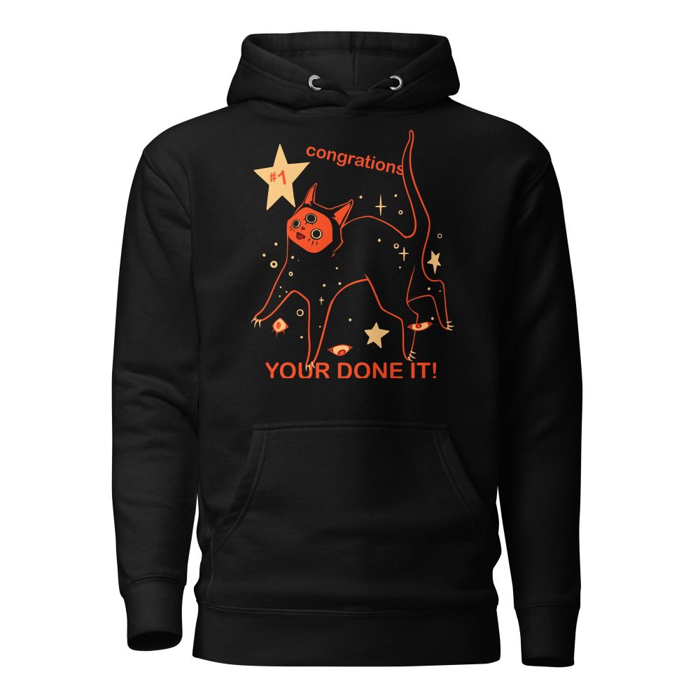 a pullover hoodie with a cute gothic style black cat illustration and funny meme text
