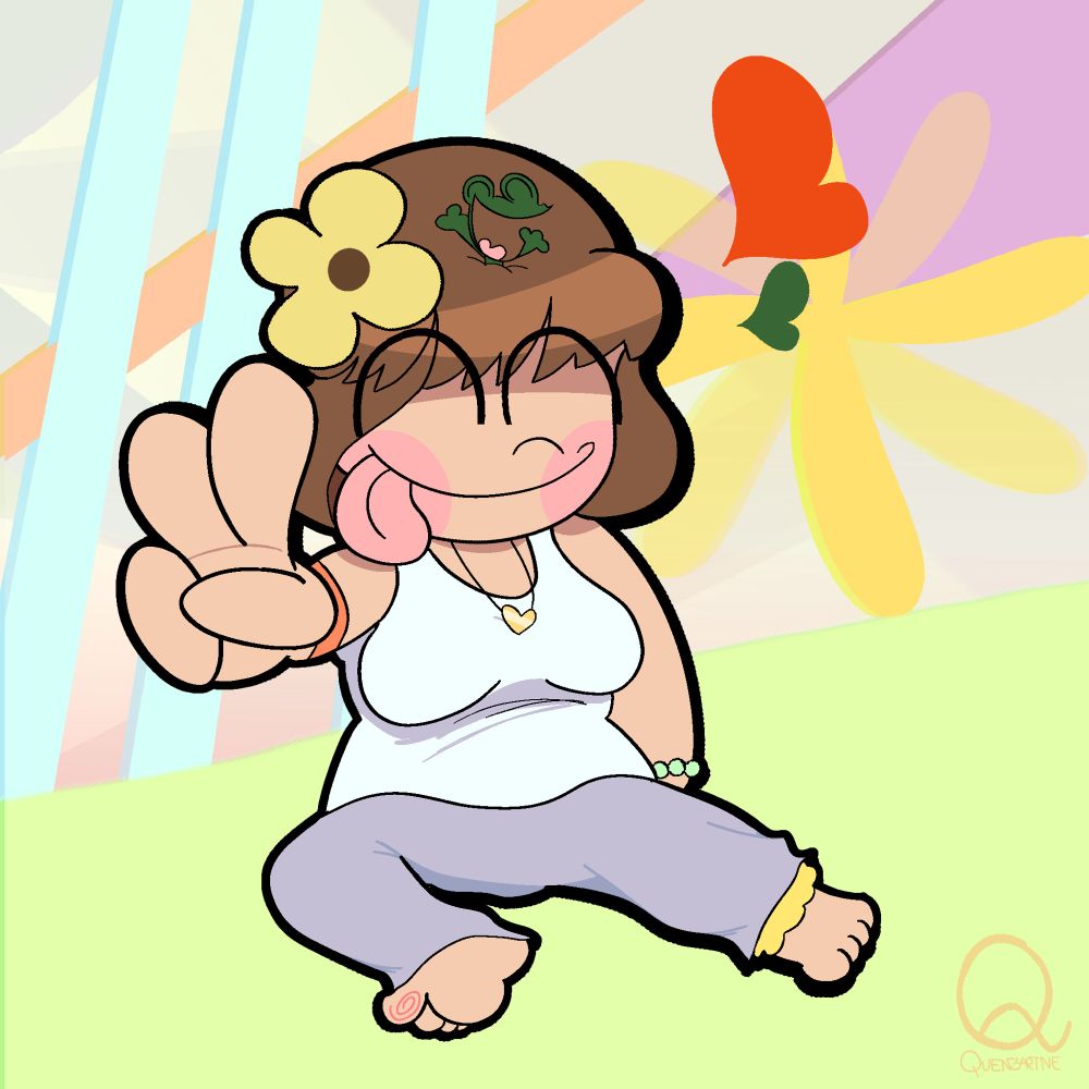 Aimaiko (woman with brown hair, flower accessory on hair, slightly purple pants, white tank-top, orange and green bracelet, and yellow anklet) holding up a peace sign.  Mini Meer Moor (green frog) appears in Aimaiko's hair. Next to them, two small hearts appear; A green heart (representing Mini Meer Moor's color) and an orange heart (representing Aimaiko's usual signature sweater color) 