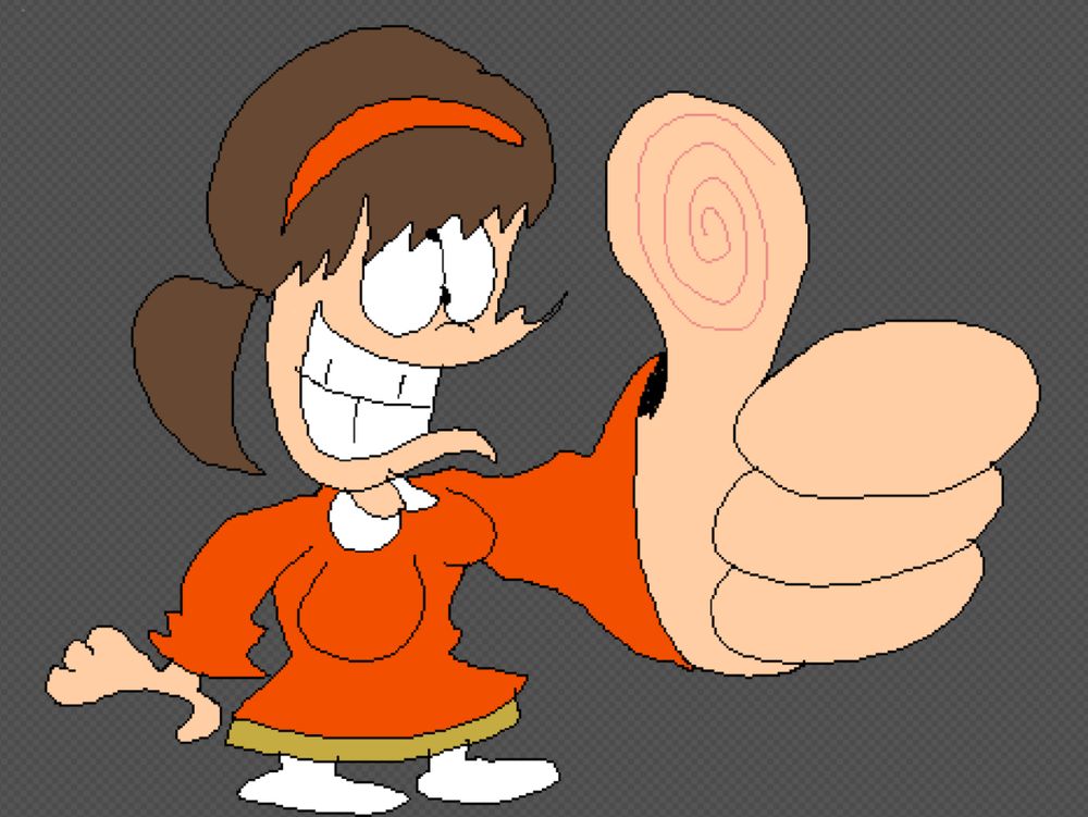 Aimaiko (woman with orange sweater and headband, yellow skirt, and white socks) giving a thumbs up. The art is done in a pixel art software, but because of the high pixel resolution, it doesn't really count as true pixel art. 