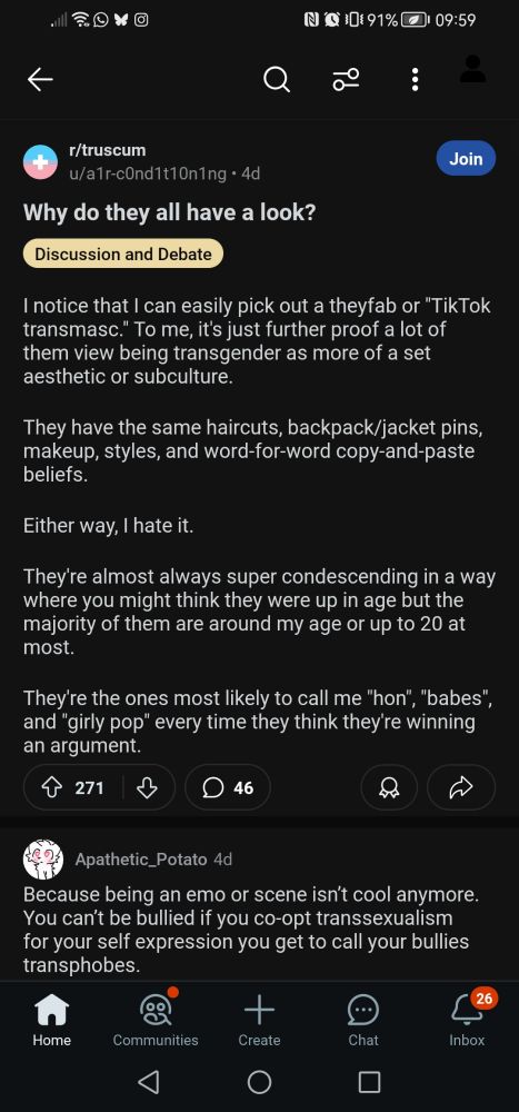 R/truscum complaining because non binary people and trans men on tick tock dress similarly. Claims they are posers. 