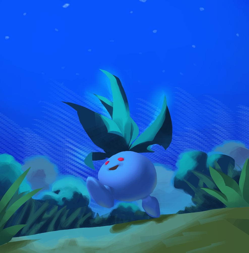 o pokemon oddish caminhando por uma floresta durante uma noite azulada 