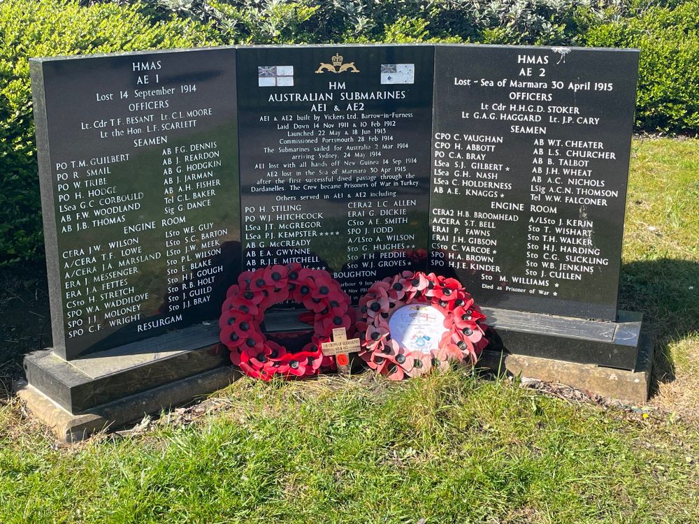 Memorial to Royal Australian Navy submarines AE1 and AE2, on the edge of Ramsden Square in Barrow-in-Furness. 