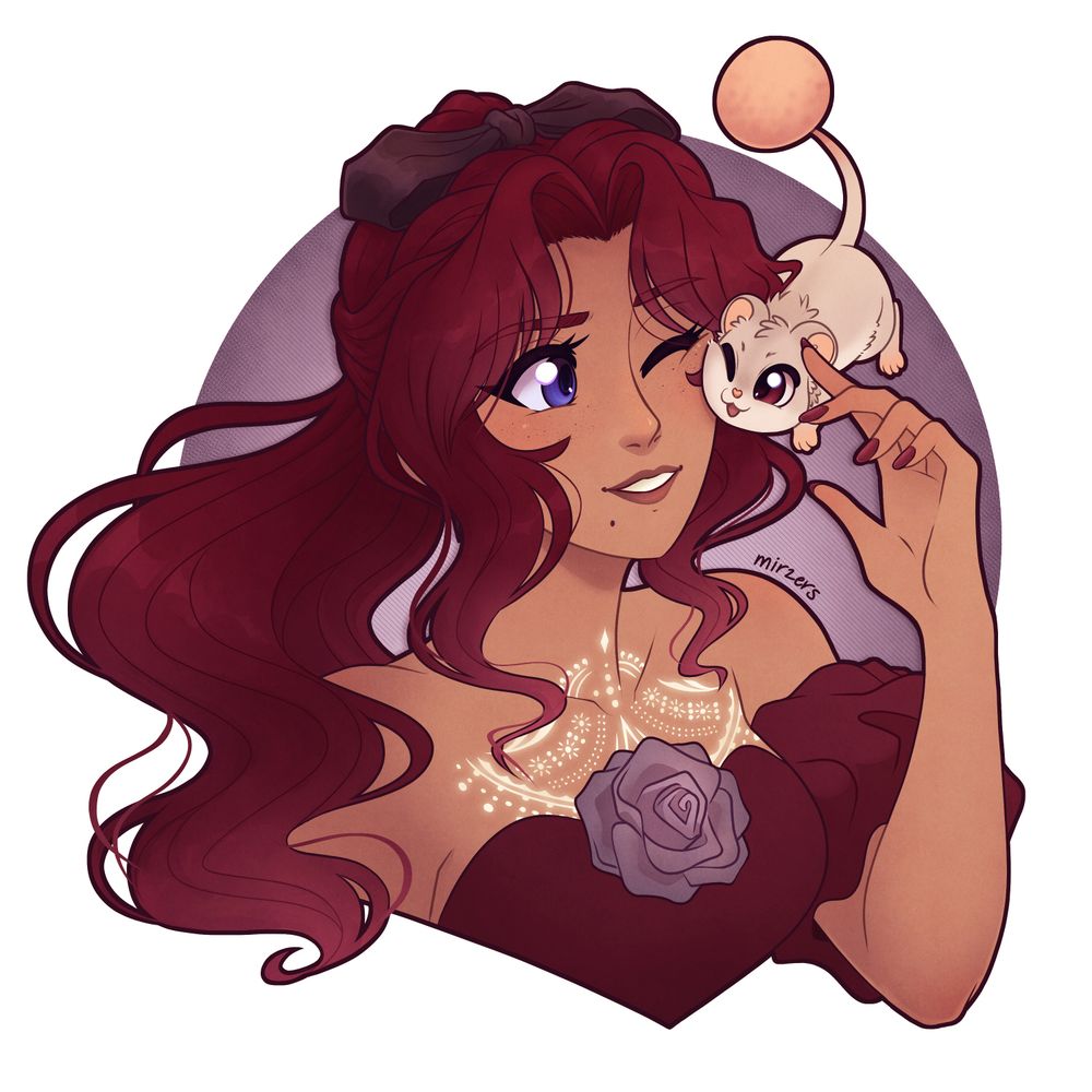 Portrait of a female Hyur with red hair in a ponytail and blue eyes from Final Fantasy XIV. A silkie is rubbing its face against her face, both with a happy expression.