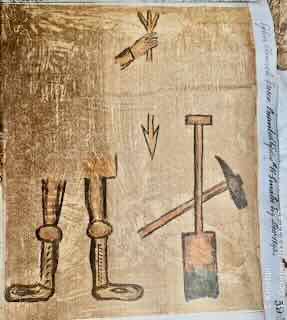 fresco in St Hilda Egton old church demolished 1870s, showing partial man and tools used for breaking up stones