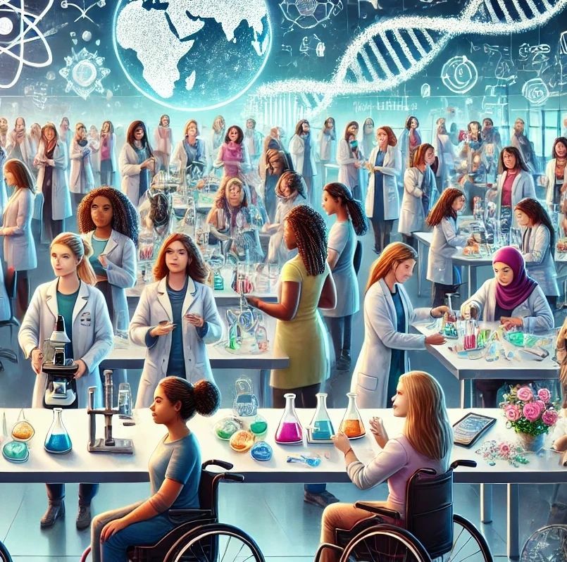 A vibrant illustration of diverse women and girls in science, including various ethnicities and abilities. They collaborate in a modern lab, using microscopes, beakers, and computers. Some discuss ideas, others conduct experiments. Symbols like a globe, equations, and DNA strands.