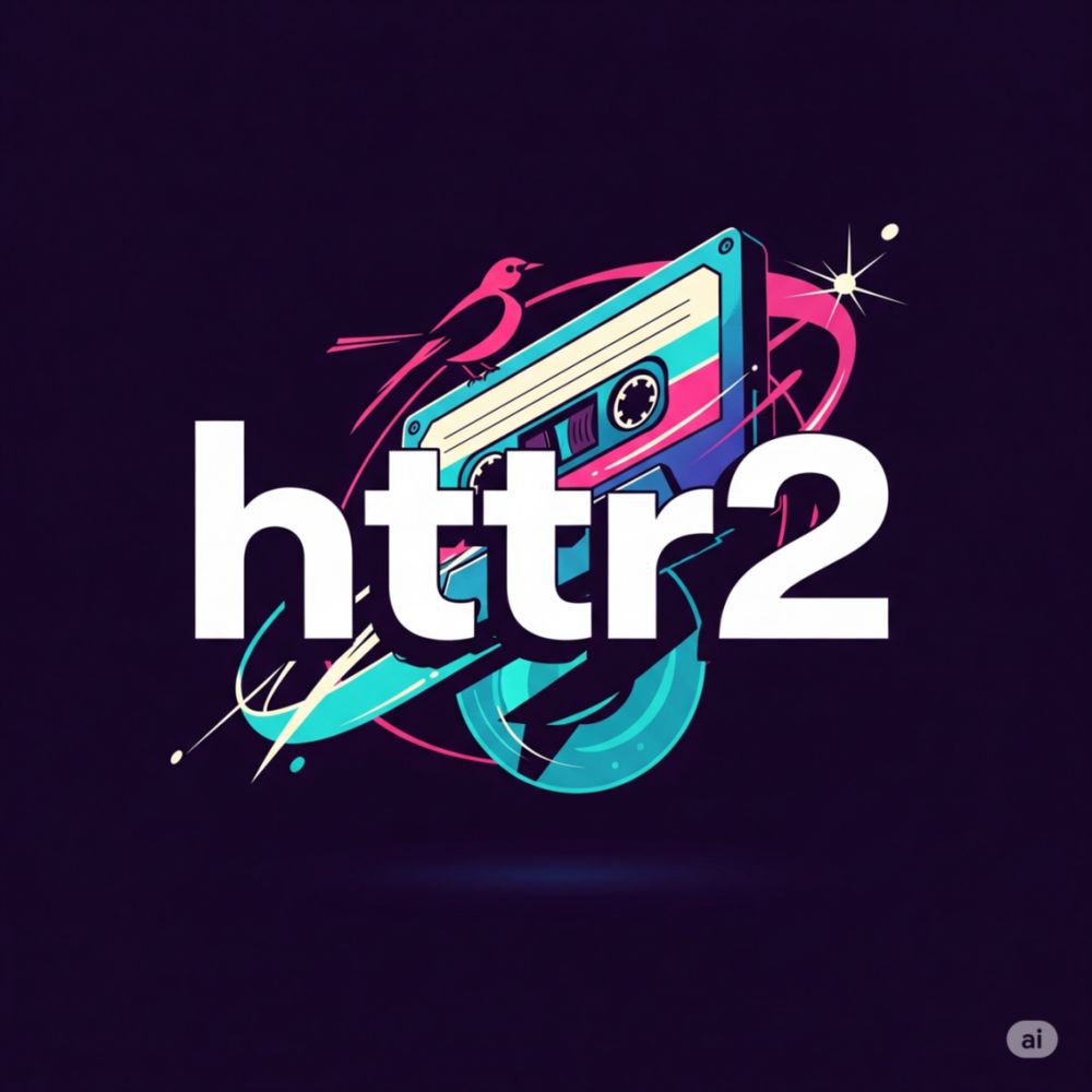 A stylized graphic featuring the white 'httr2' text in the foreground. Behind and slightly above it, a colorful, retro-style audio cassette tape is depicted with vibrant pink, blue, and teal accents. A small, pink mockingbird is perched on the upper left edge of the cassette tape. The background is a solid dark purple.
