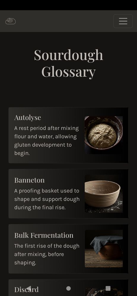 screenshot of the Doughnamo glossary page in the app. after the top navbar, is a section to input when the bread should be finished, and if you want to include optional steps in the process. below the nav are cards where the title is a word, and the body is a definition of that word, with an image